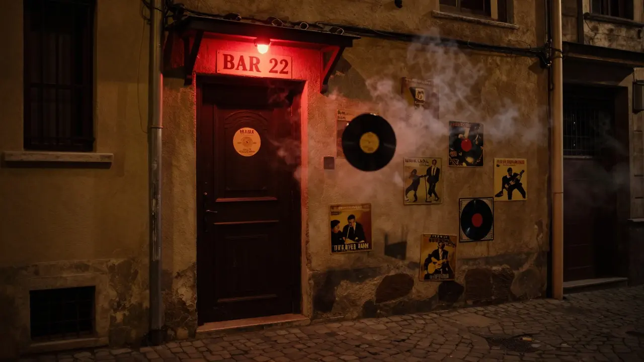Hidden entrance to Bar 22 with a red light above a quiet door, vinyl record floating in smoky amber glow.