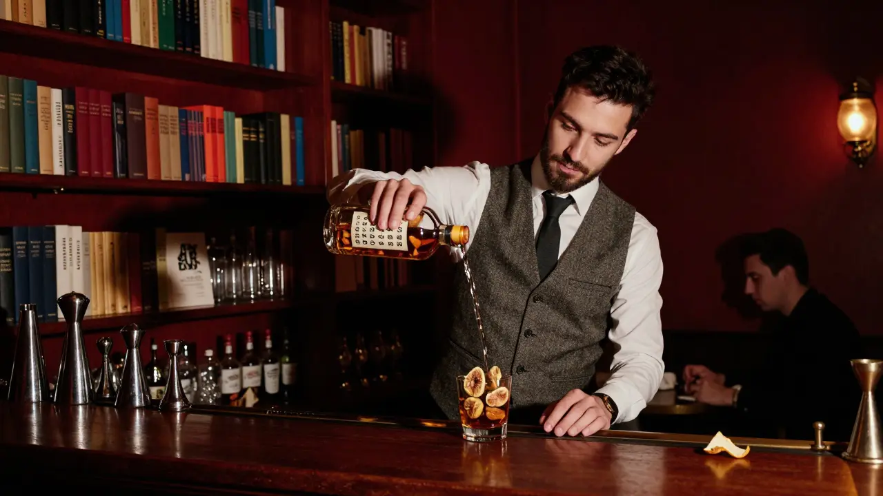 Hidden speakeasy behind bookshelves, bartender pouring numbered cocktails in a literary study setting.