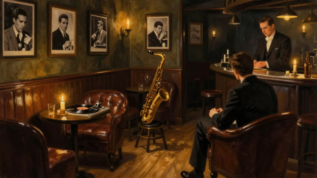 Intimate jazz bar with candlelight, vinyl records, and vintage photos under soft golden glow.