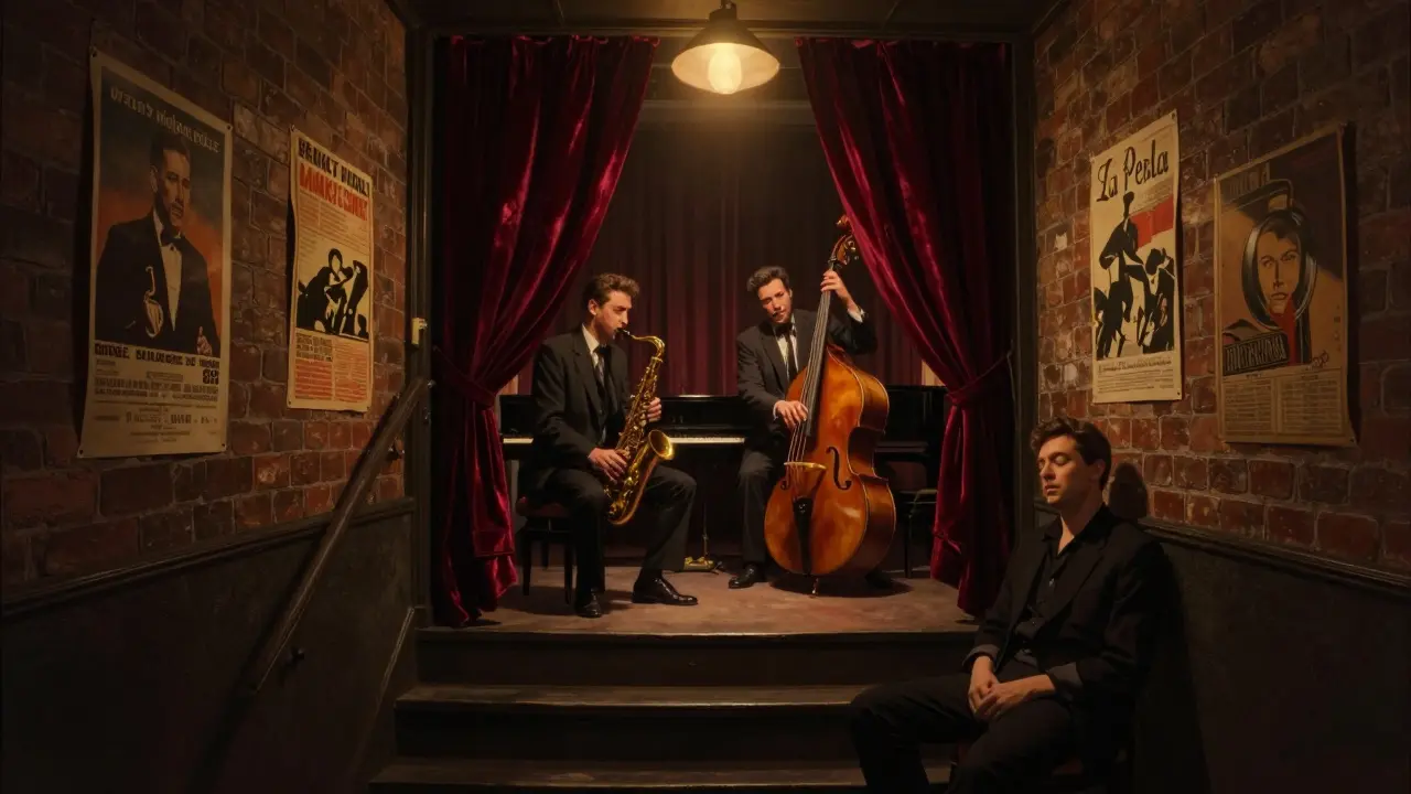 Intimate jazz club La Perla with musicians playing under warm light, patrons seated close to the stage in a cozy brick room.