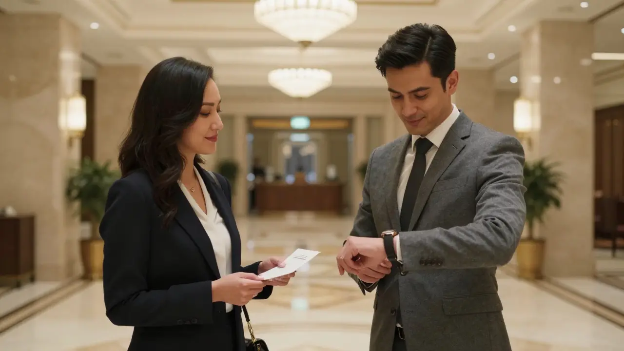 Man and woman meeting politely in a luxurious hotel lobby, exchanging a receipt with no physical contact.