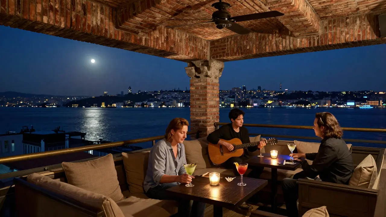 Rooftop bar with Bosphorus views, Ottoman brick ceilings, and guests enjoying ambient jazz at night.