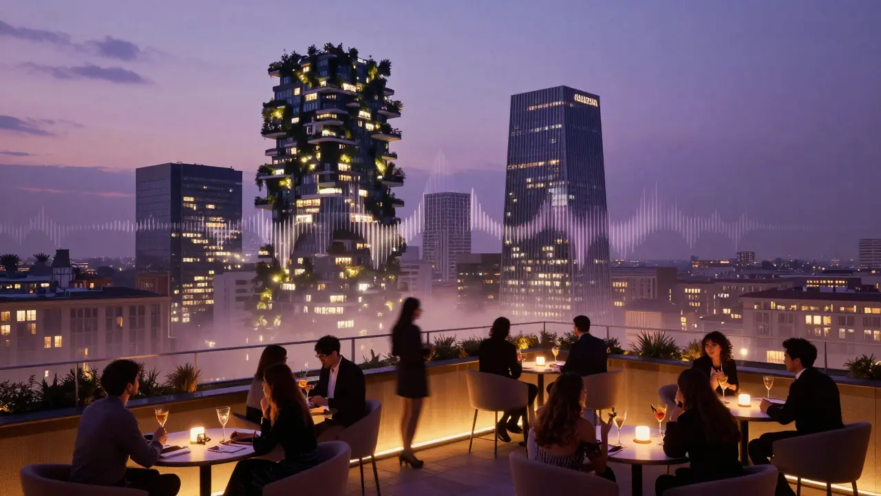 Rooftop bars in Milan at dusk with city lights and silhouetted guests overlooking green towers.