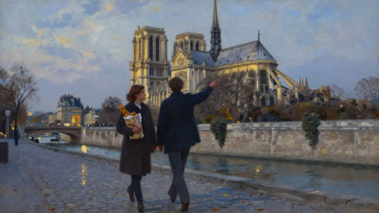 Two figures walk along the Seine at dusk, one pointing toward Notre-Dame’s glowing spires.