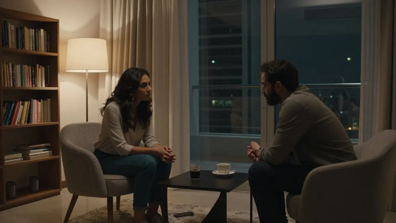 Two people sitting in a modest apartment, engaged in thoughtful dialogue at night.