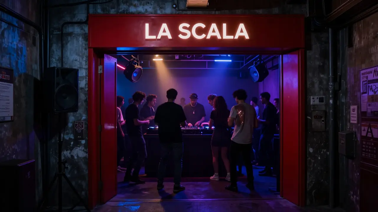 Underground club La Scala at midnight, crowd dancing to techno in a dim warehouse with red door and industrial atmosphere.
