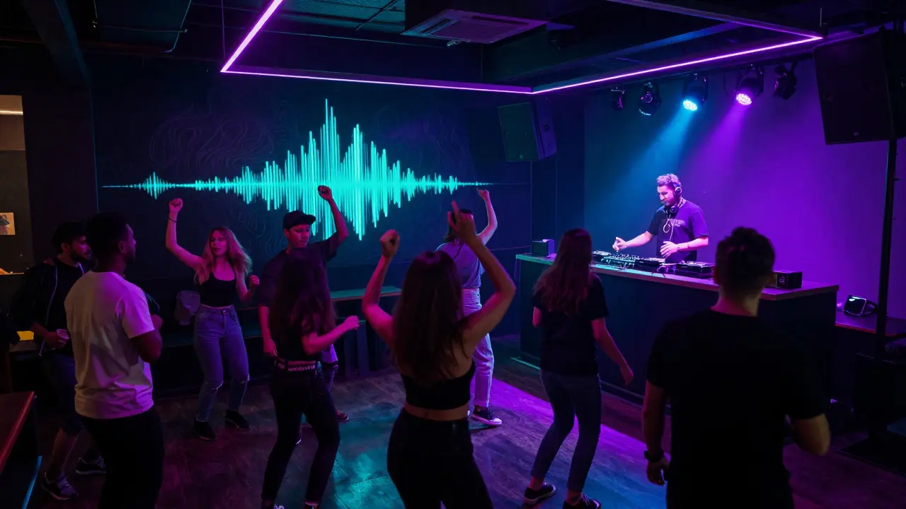 Underground club with neon lights and diverse crowd dancing to live EDM, no VIP ropes visible.