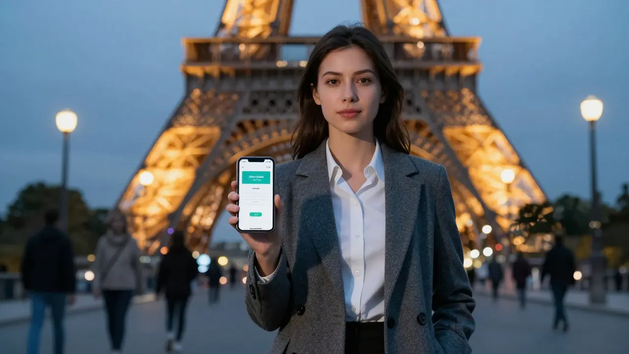 Woman posing confidently in front of Eiffel Tower with smartphone showing secure payment confirmation.