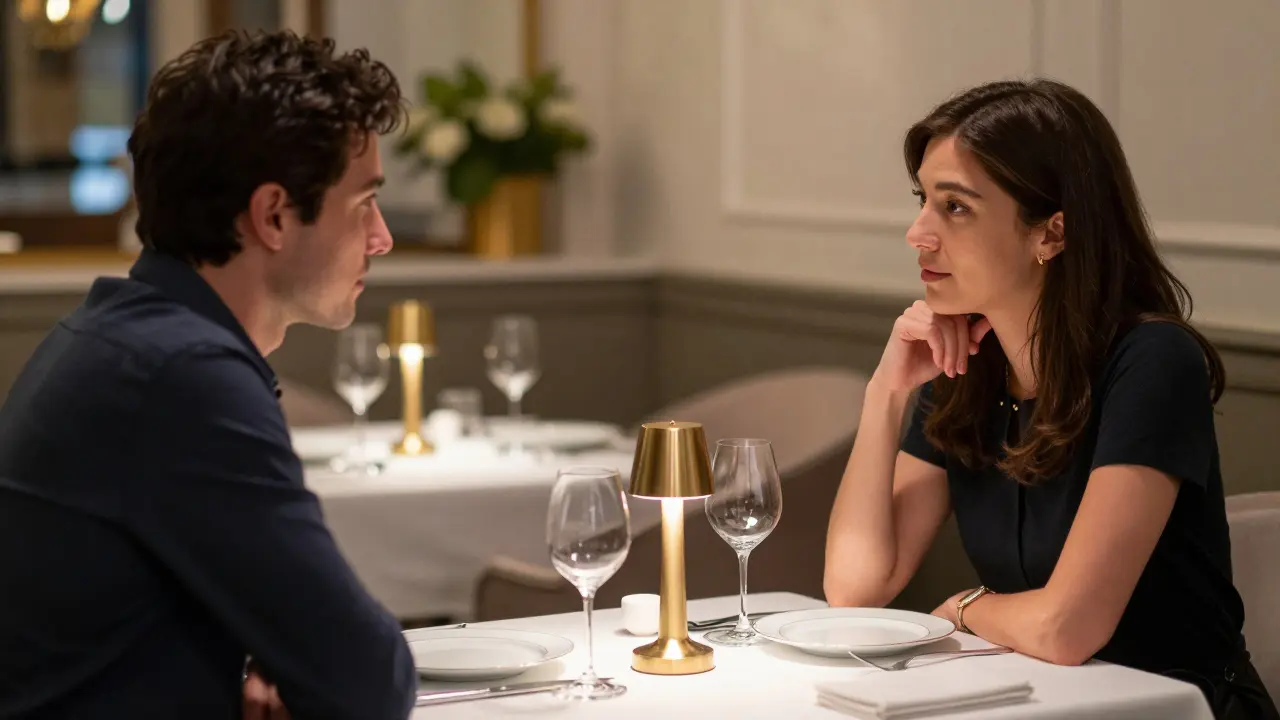 A couple dining quietly in a Mayfair restaurant, engaged in thoughtful conversation with no distractions.
