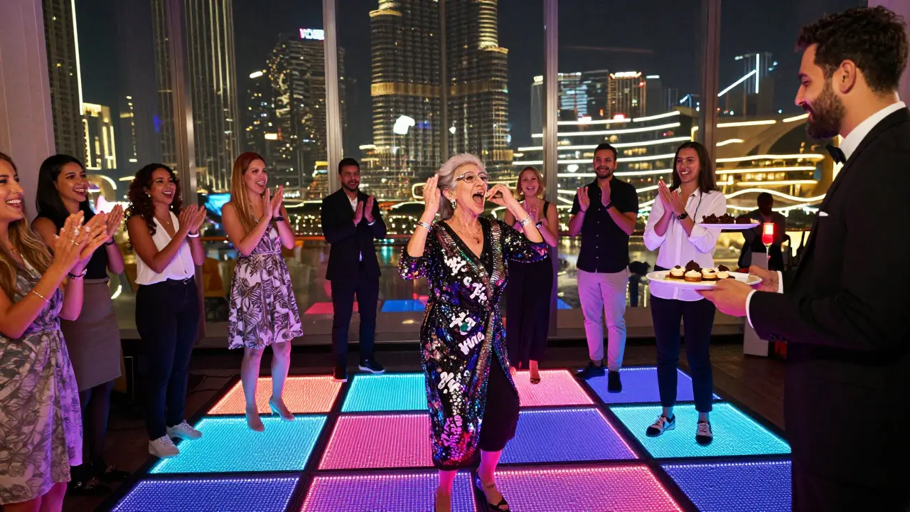 A diverse crowd cheering as a grandmother performs 'My Way' in a high-energy karaoke booth with LED lighting.