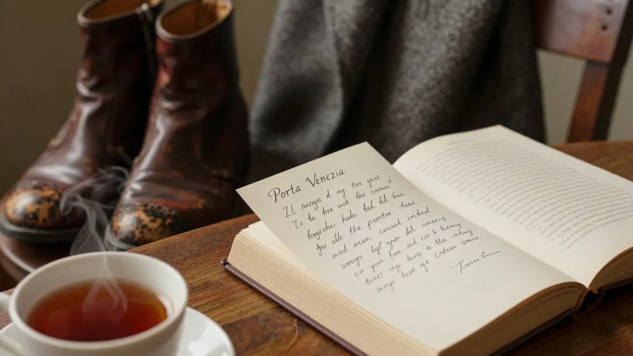 A handwritten note rests beside a cup of rare tea and a well-worn book, with polished boots nearby — a quiet gesture of thoughtful connection.
