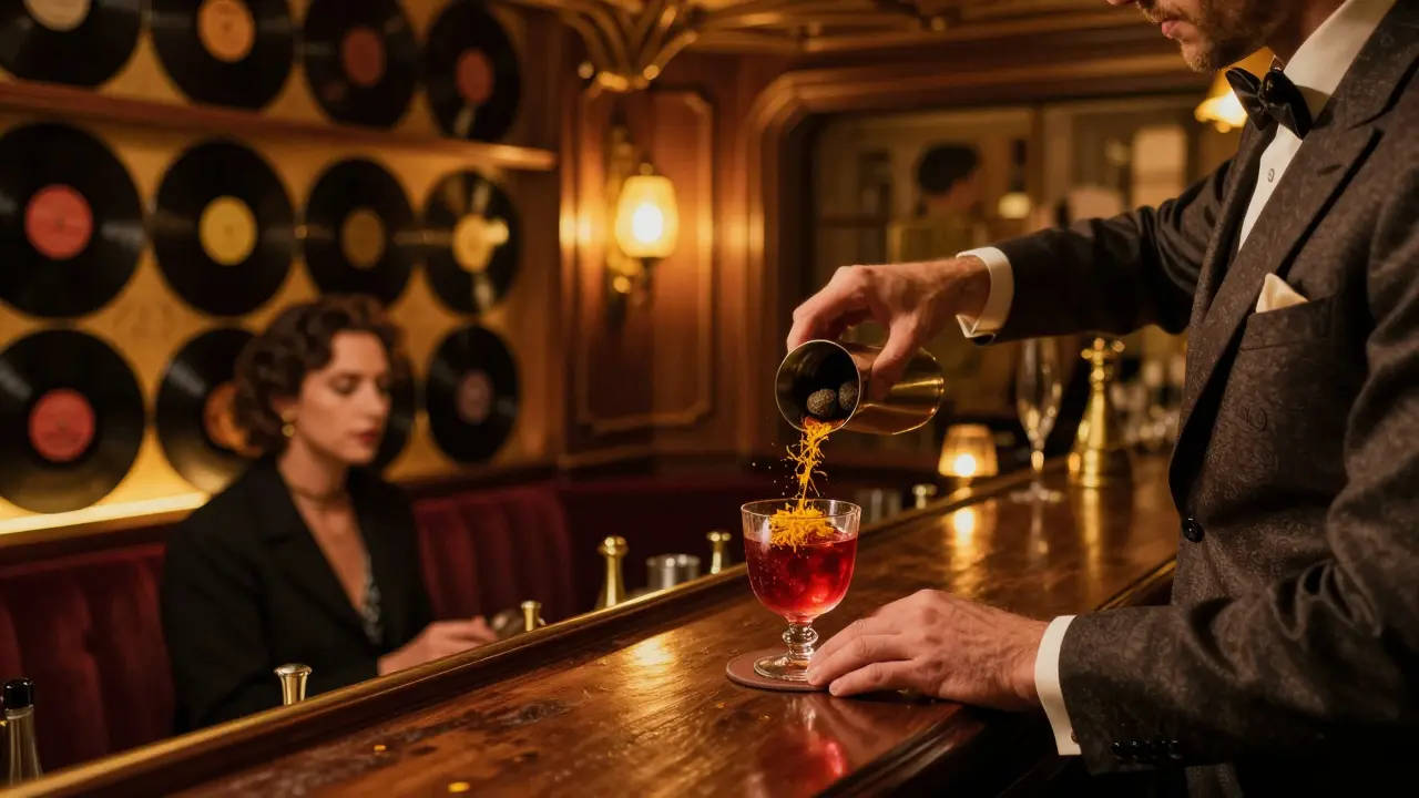 A hidden jazz cellar beneath the casino with vintage decor and a bartender pouring a rich cocktail in warm amber light.