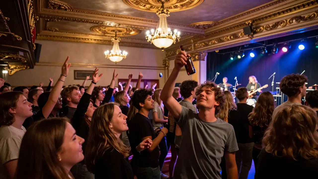 A lively music hall filled with people dancing to a live band, under ornate chandeliers and glowing stage lights.