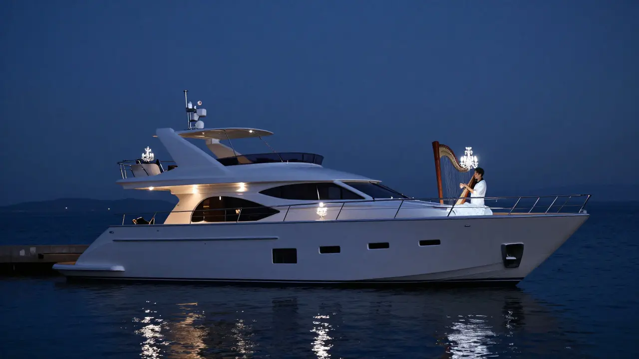 A luxurious yacht floating at night with crystal chandeliers and a harpist playing in silence beside the Mediterranean.