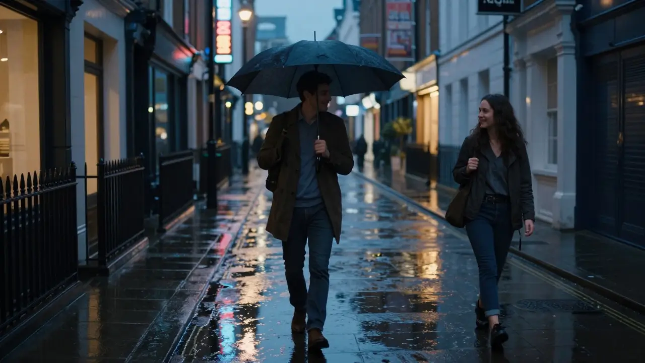 A man walking alone in rainy London, his reflection showing him smiling beside an unseen companion.