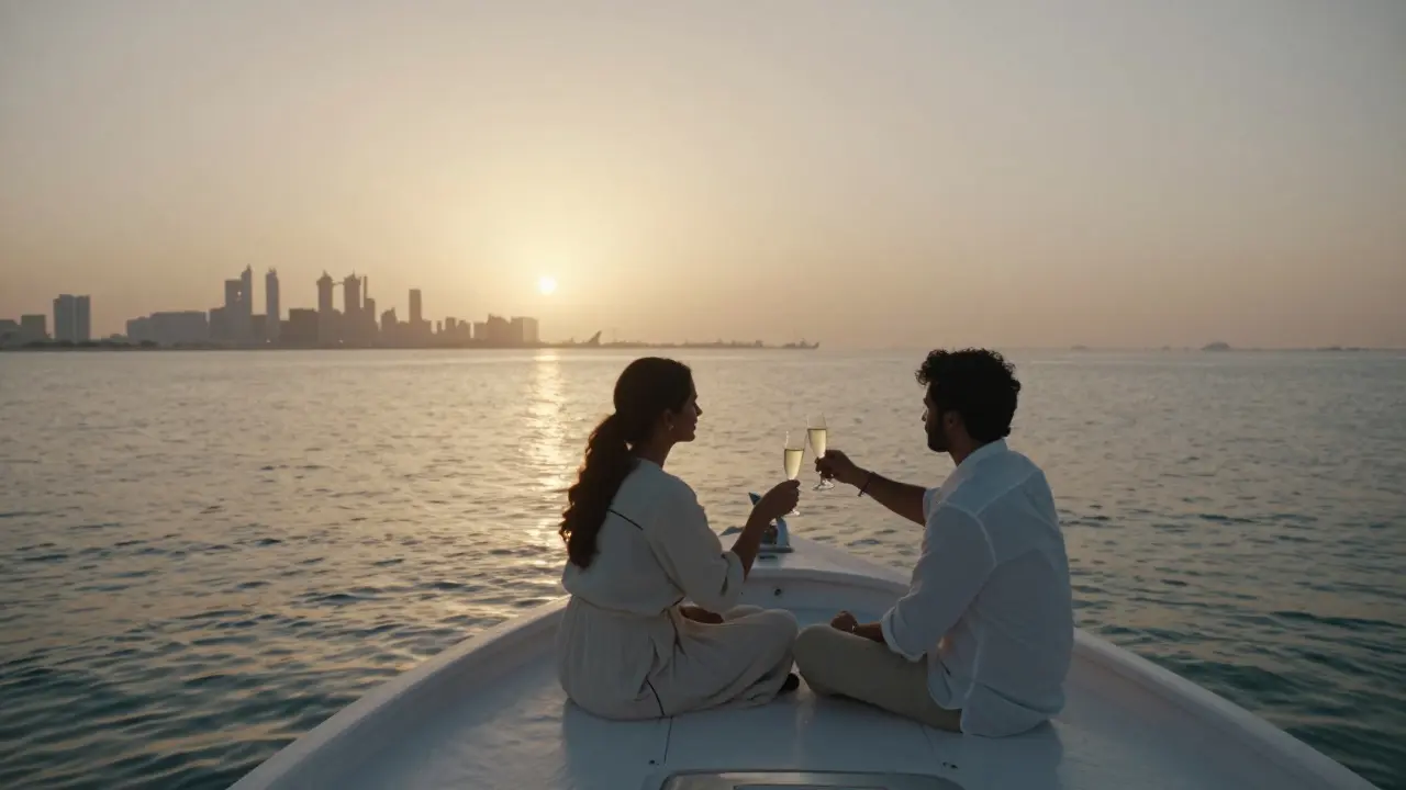 A private dhow at sunset on the Persian Gulf with two figures sharing champagne in serene silence.