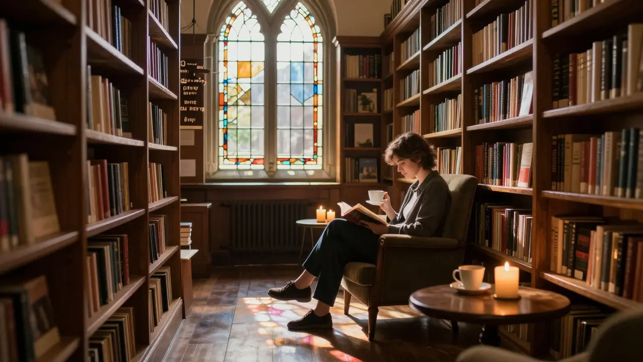 A quiet bookstore aisle at dusk with oak shelves, stained glass, and a reader in an armchair.