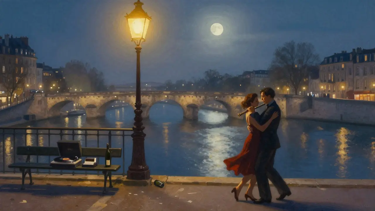 A quiet midnight scene on a Paris bridge: a busker plays flute, a couple dances, and a vinyl spins under soft lamplight.