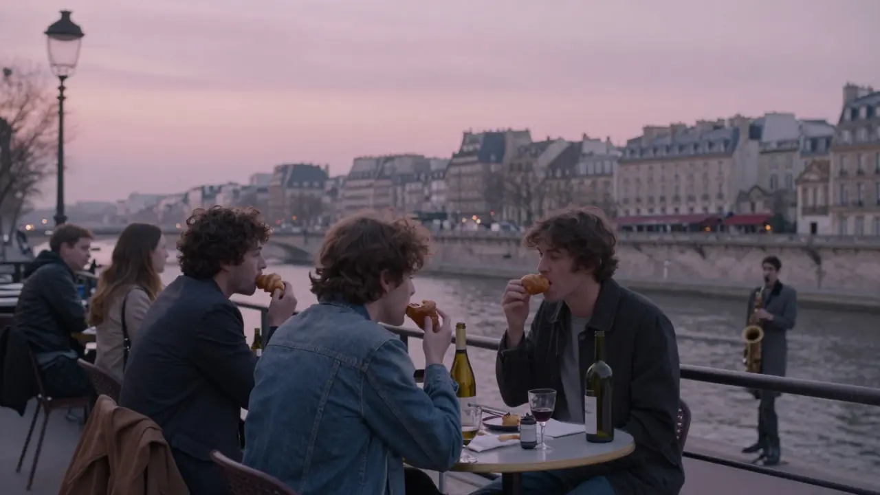 A quiet sunrise moment on a canal-side terrace with friends sharing food and wine.