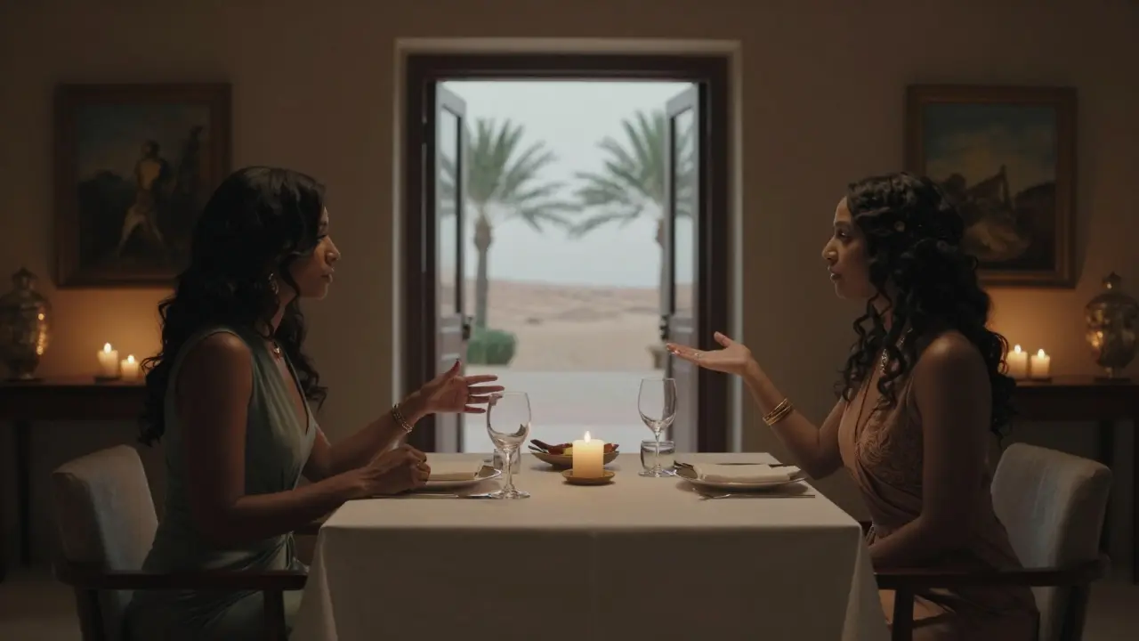 A refined companion engaging in cultural conversation during a private dinner in Al Bateen, candlelit and intimate.