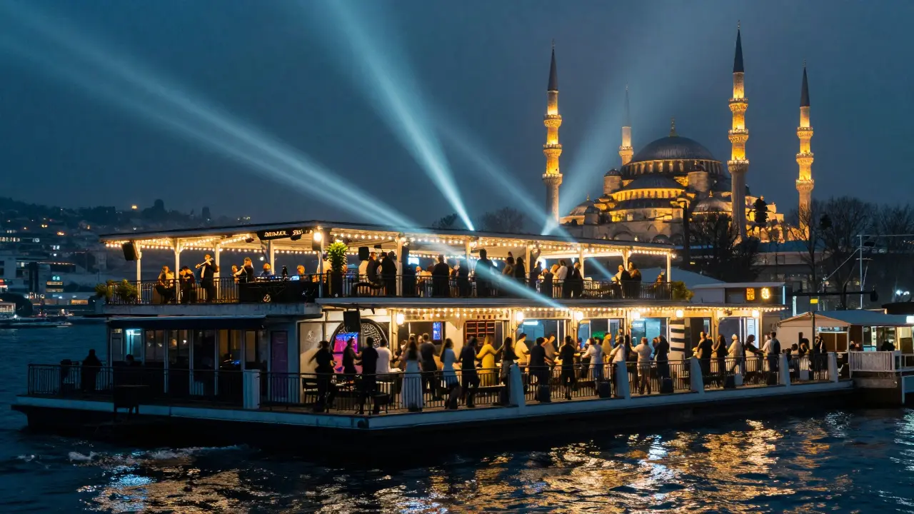 A riverside nightclub in Istanbul with dancers on a rooftop terrace, the Bosphorus glowing below and minarets in the distance.