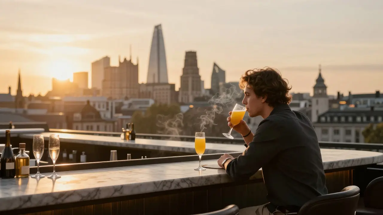 A solitary person enjoying a mimosa at sunrise on Café Royal's rooftop, overlooking London's skyline as the night fades away.