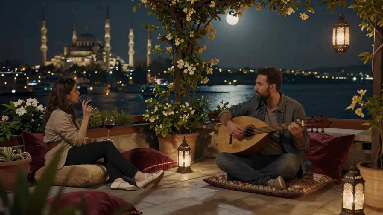 A tranquil rooftop garden in Istanbul at night, lit by lanterns, with an oud player and guests watching the mosque lights on the water.