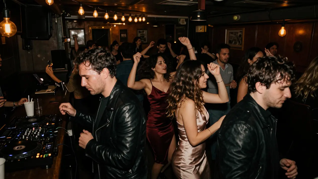 A vibrant, intimate dance party in a hidden Parisian basement bar after midnight.