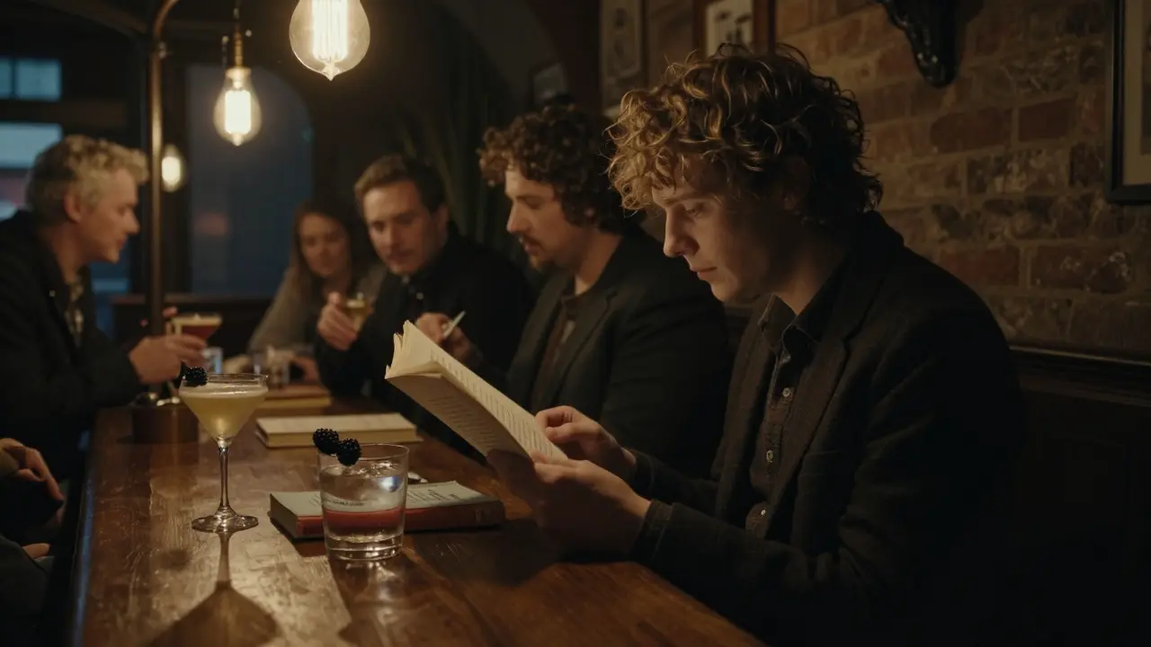 A writer reading aloud in silent dim light at a modern bar, patrons sipping literary-themed cocktails.