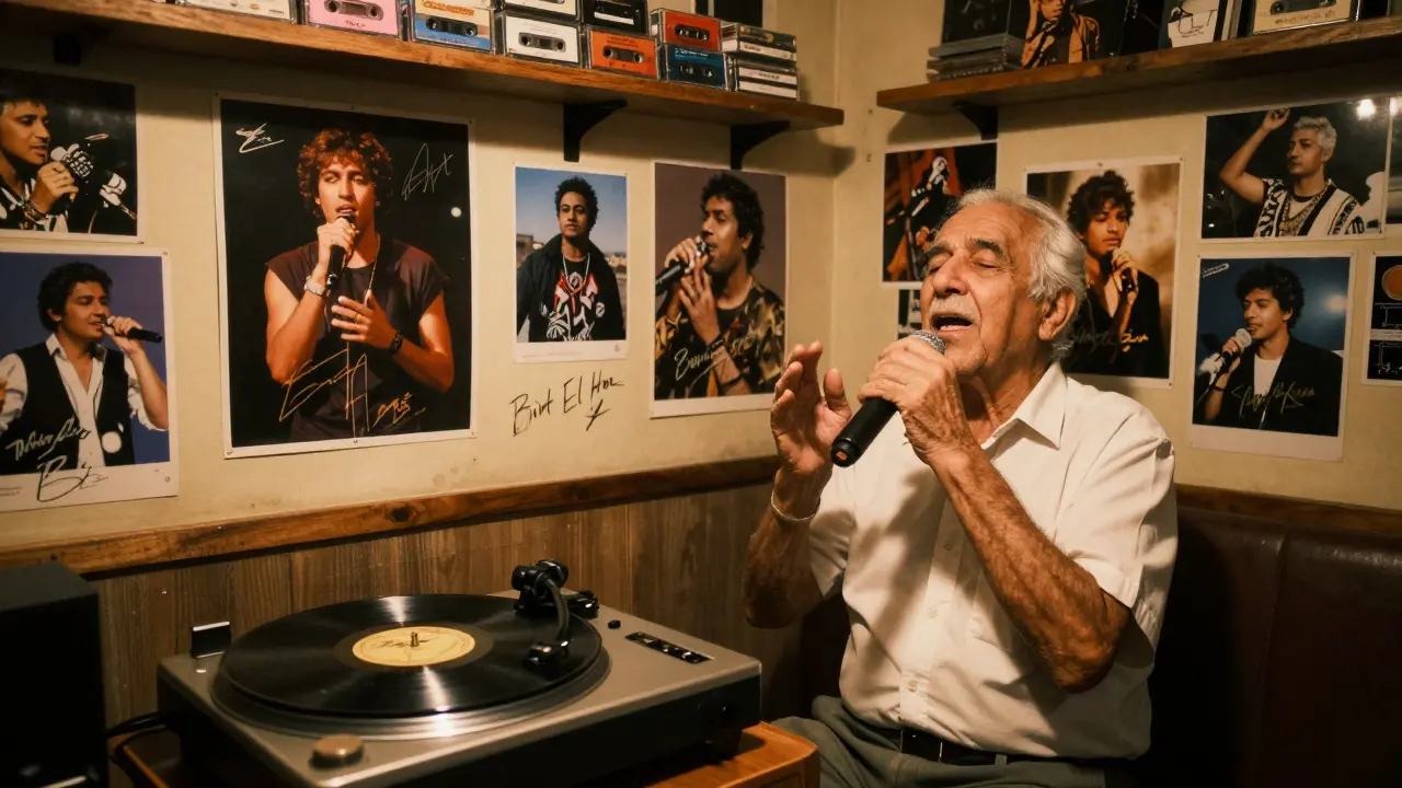 An elderly person singing Arabic folk music while a vinyl record plays on a turntable in a cozy karaoke room.