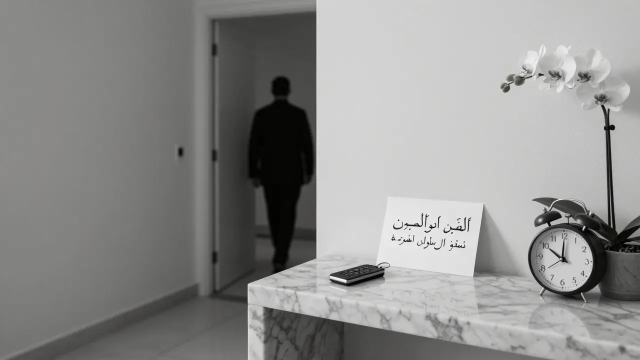 An empty, elegant hallway in Abu Dhabi with a keycard and handwritten note, suggesting silent, discreet service.