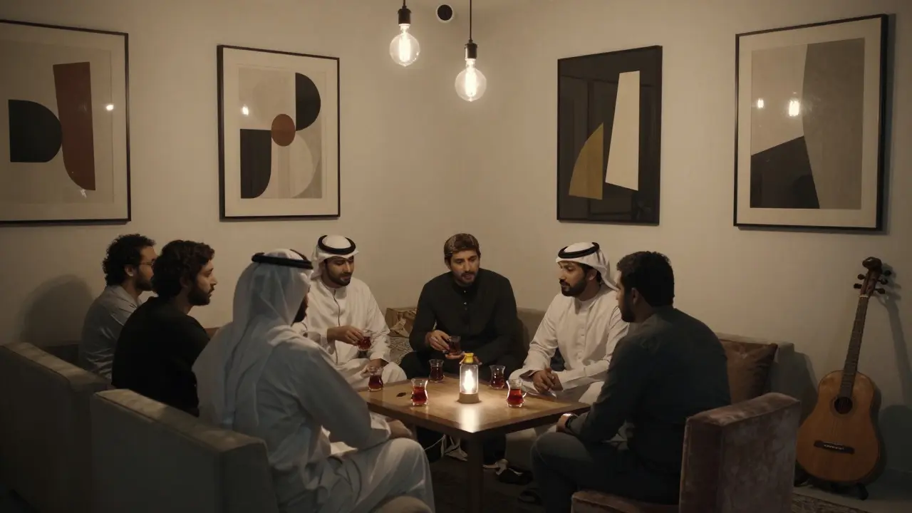 An exclusive lounge in Al Bateen with art on the walls and a quiet group enjoying tea under soft lighting.