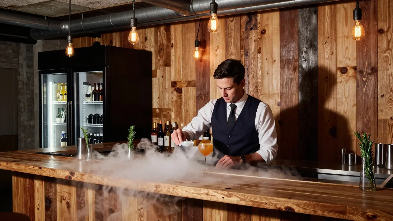 An industrial speakeasy where liquid nitrogen mist swirls around a cocktail behind a meat locker.