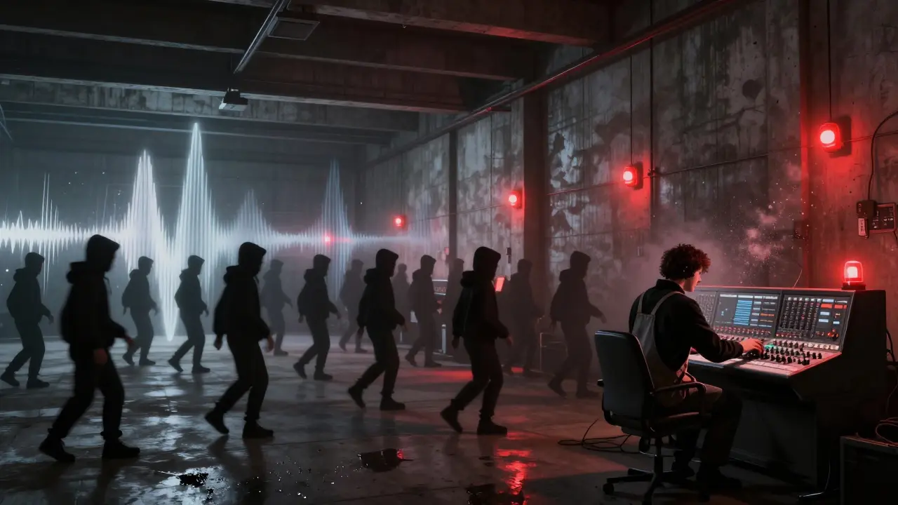 An underground electro club in Paris where bass vibrations shake the walls and crowds move in unison under red emergency lights.