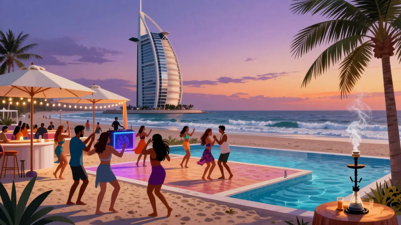 Beachside club at JBR with people dancing near a pool, palm trees, and ocean waves under twilight sky.