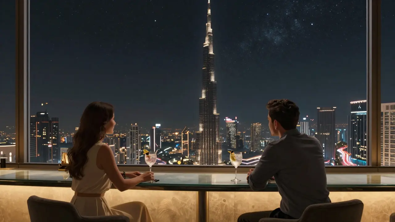Couples enjoying drinks at a high-rise bar with illuminated Burj Khalifa below.