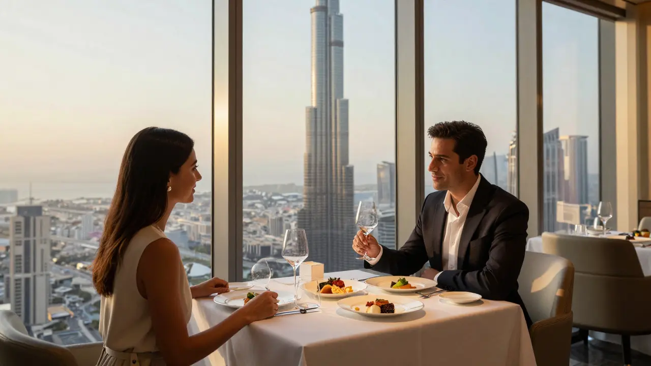 Elegant couple dining at At.mosphere with panoramic Dubai skyline views.