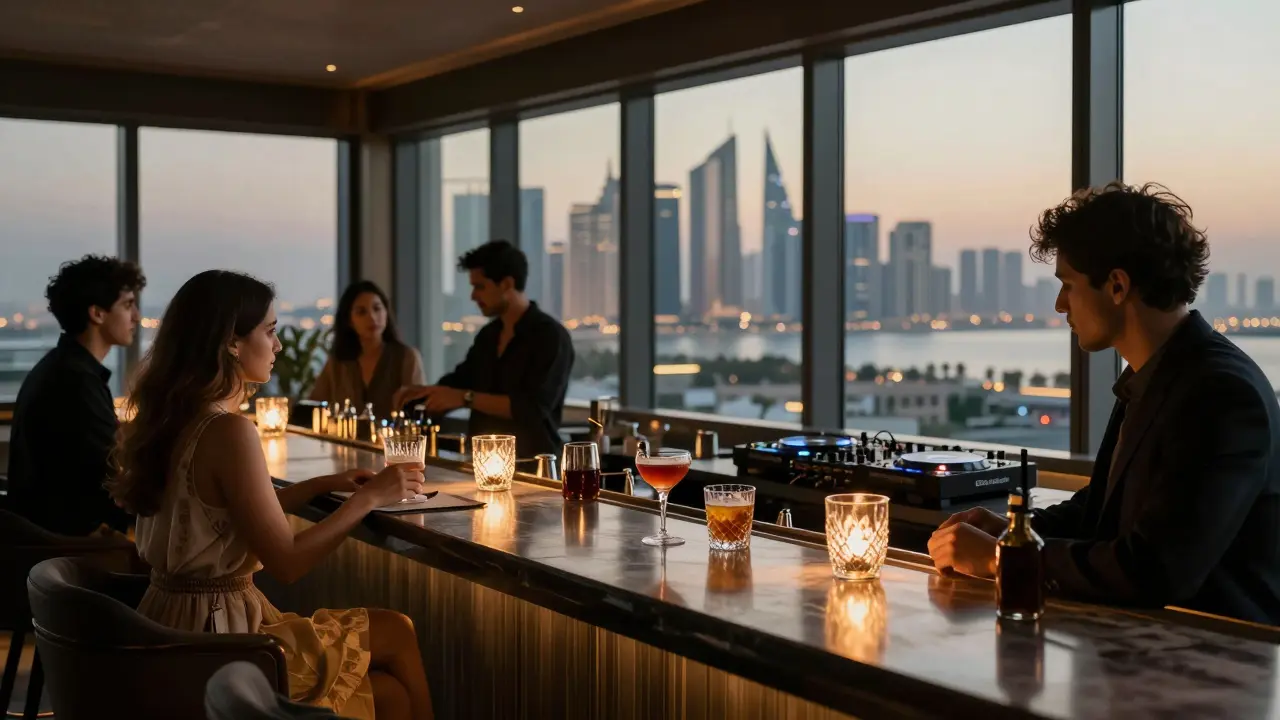 Elegant rooftop bar with skyline view, guests sipping date cocktails in soft golden lighting.
