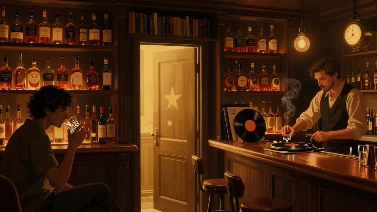 Hidden jazz bar behind a bookshelf, lit by warm amber glow, with dozens of whiskey bottles on display.