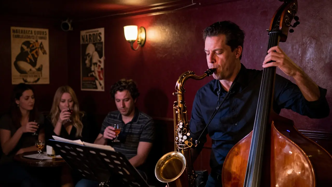 Jazz musician performing at Nardis Club in dimly lit basement venue.