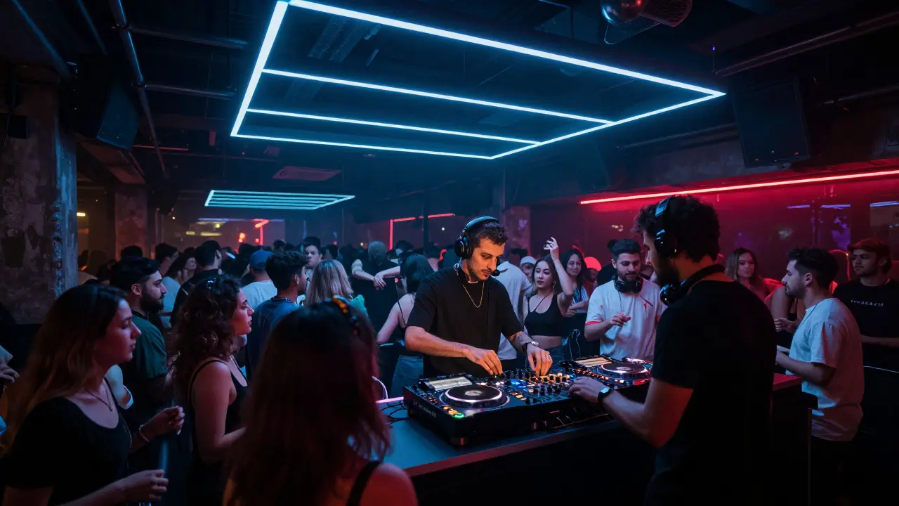 Legendary nightclub interior with neon lights and dancing crowd