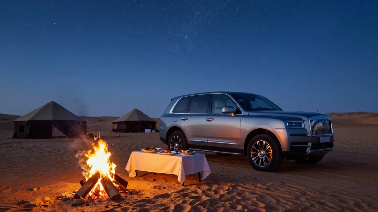 Luxury desert safari dinner under starry night sky with campfire and tents.