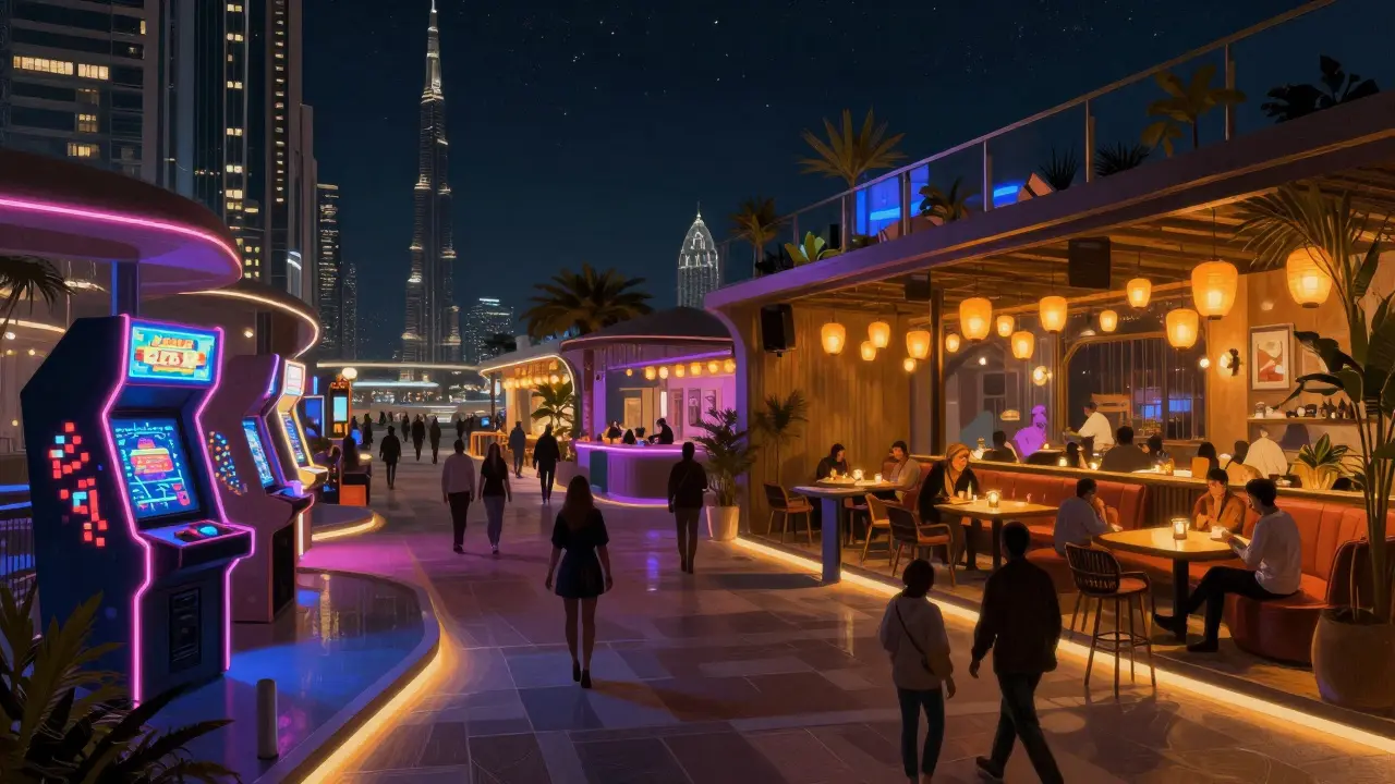 Modern nightlife district with six themed venues glowing in colorful lights at night.