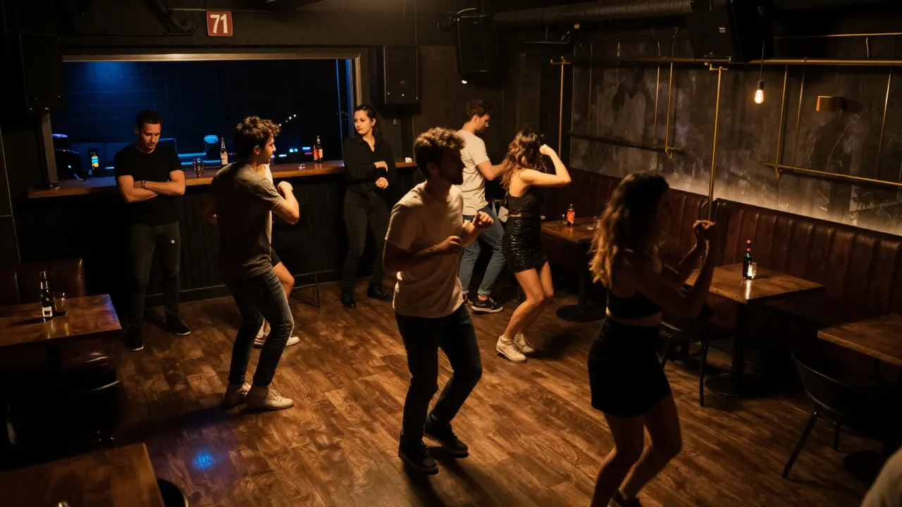 Moody nightclub interior with subtle lighting and refined crowd dancing to smooth beats.