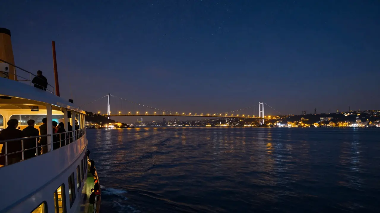 Night ferry crossing Bosphorus with city lights on both sides.