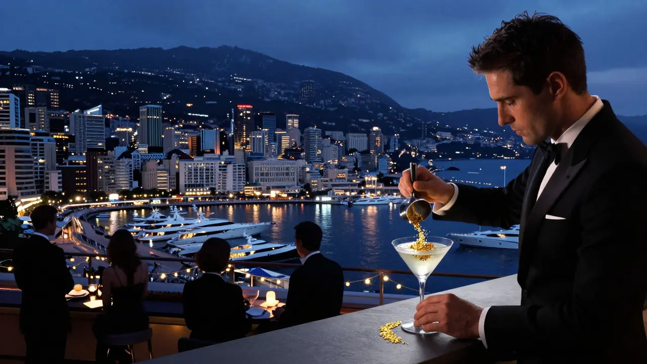 Rooftop lounge with yachts glowing below, guests in black tie enjoying drinks under city lights.