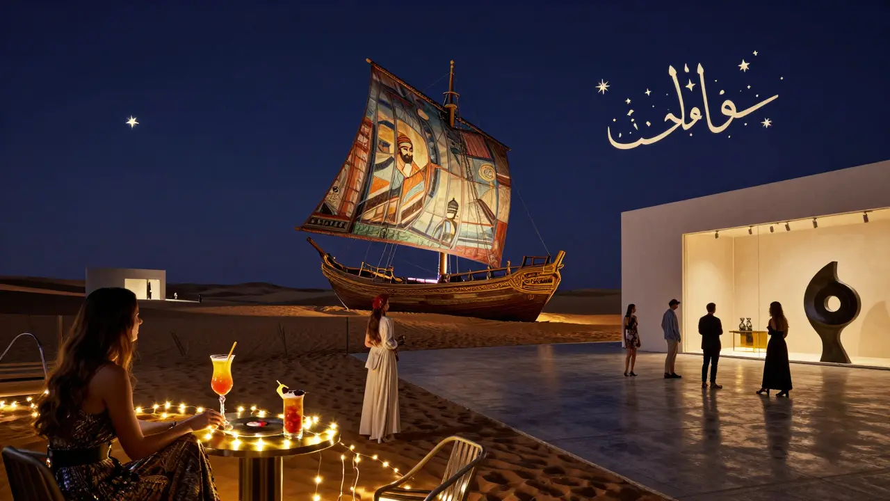 Surreal scene of a dhow sailing over a desert mural in Al Serkal Avenue, with patrons enjoying cocktails under fairy lights.