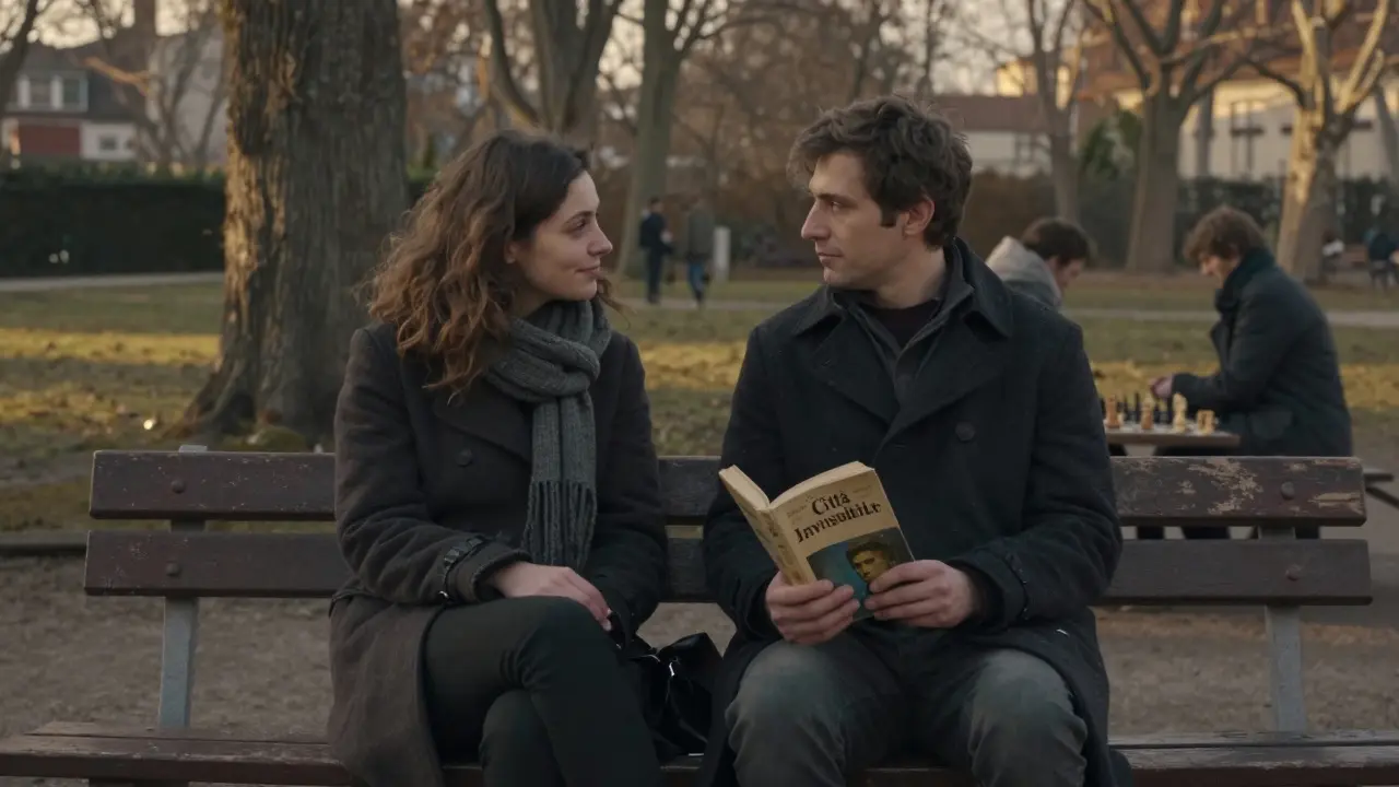 Two people sit in peaceful silence on a bench in Parco Sempione, winter light filtering through trees as one holds a classic book of Milanese poetry.