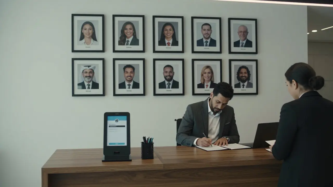 A discreet luxury companionship agency office with a client signing a confidential agreement.