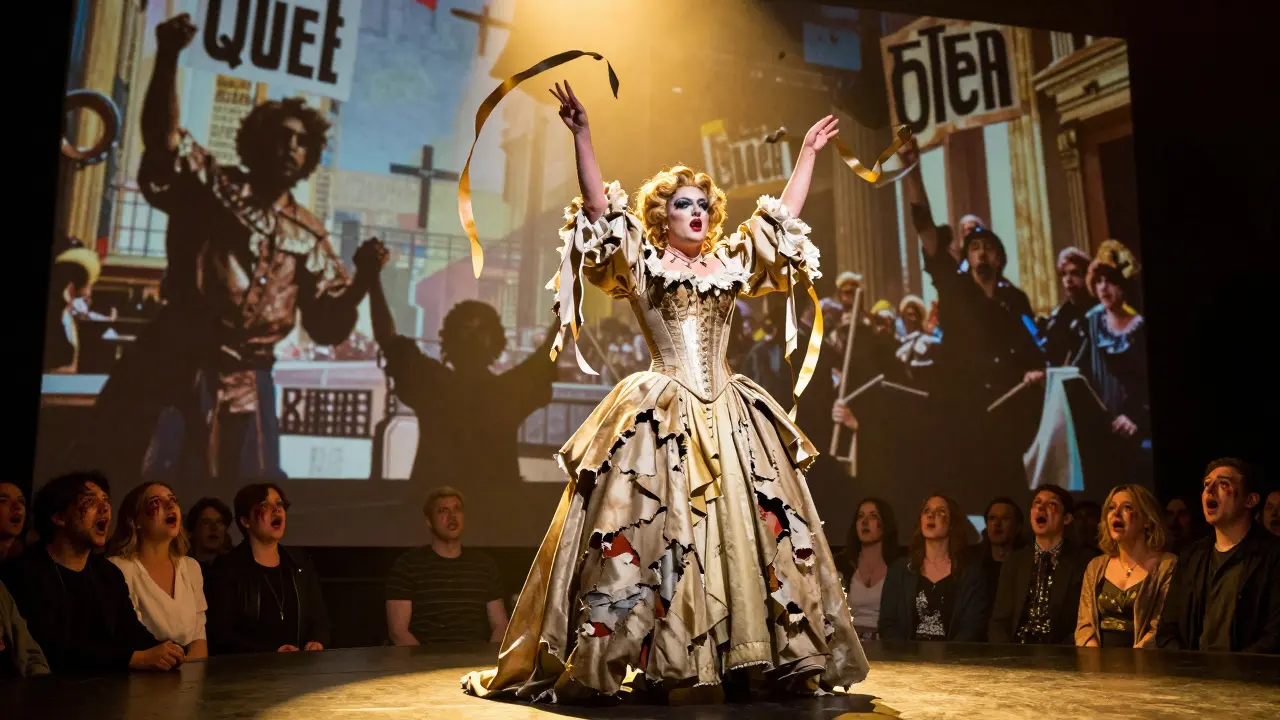 A drag performer in a dramatic opera costume on stage under golden light, audience in awe.